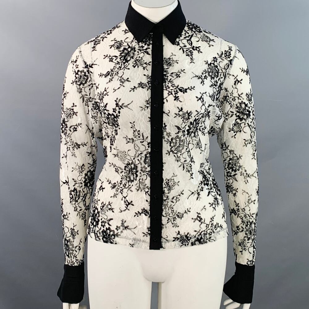 ANNE FONTAINE XL Solly White Black Polyamide Lace Burnout Contrast Trim Blouse